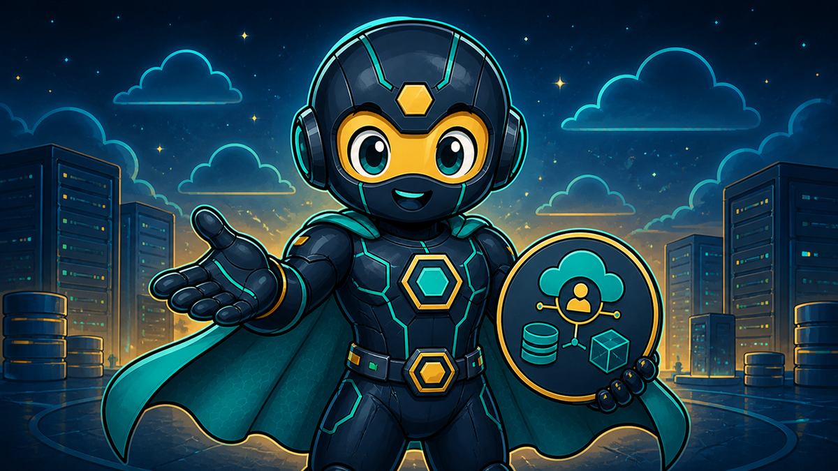 The Cost Sentinel, a small round-helmeted mascot with big friendly eyes and a teal cape, waves hello in front of a starry skyline of glowing server towers.