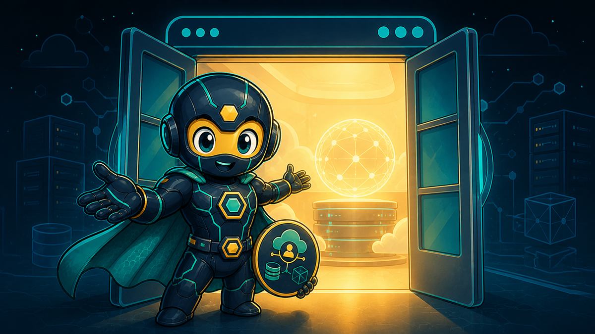 The Sentinel cheerfully holds open two browser-window doors, welcoming you into a warm golden hall of servers.
