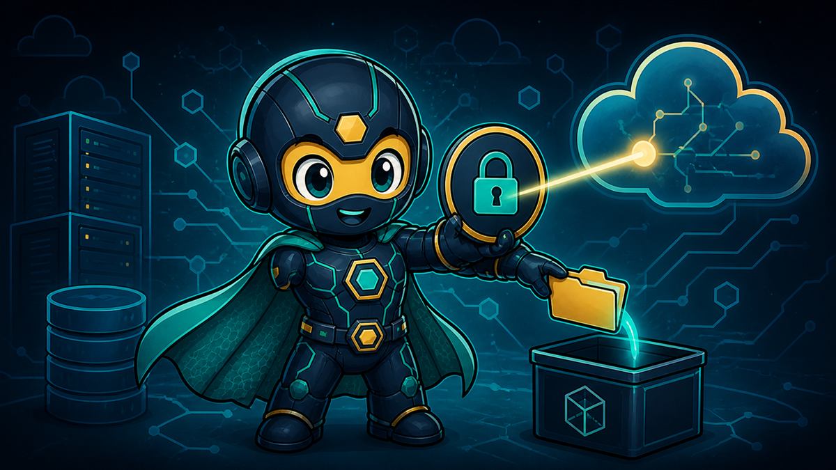 The Sentinel holds up a padlock badge beaming to a cloud while gently lowering a credentials folder into a container.